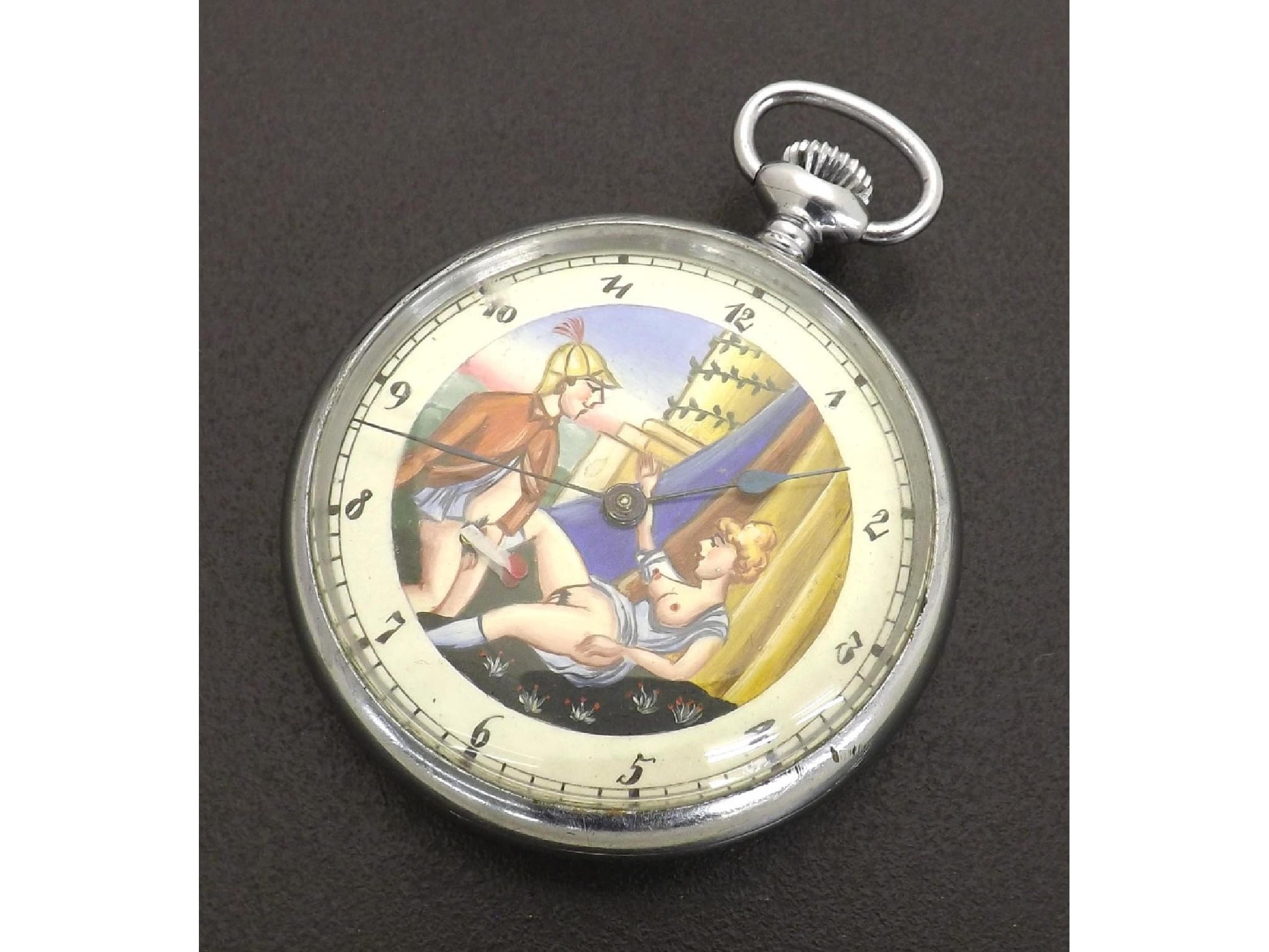 Appraisal: Novelty chrome erotic automaton pocket watch lever movement no the