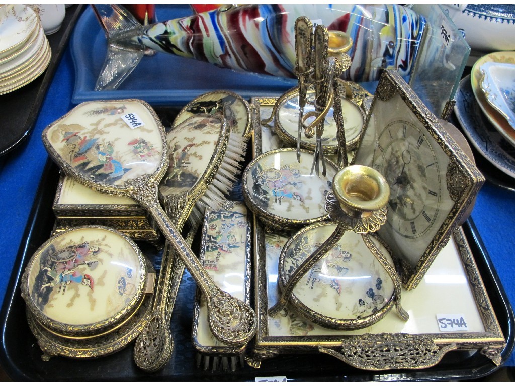 Appraisal: Gilt metal dressing table set to include tray clock photograph