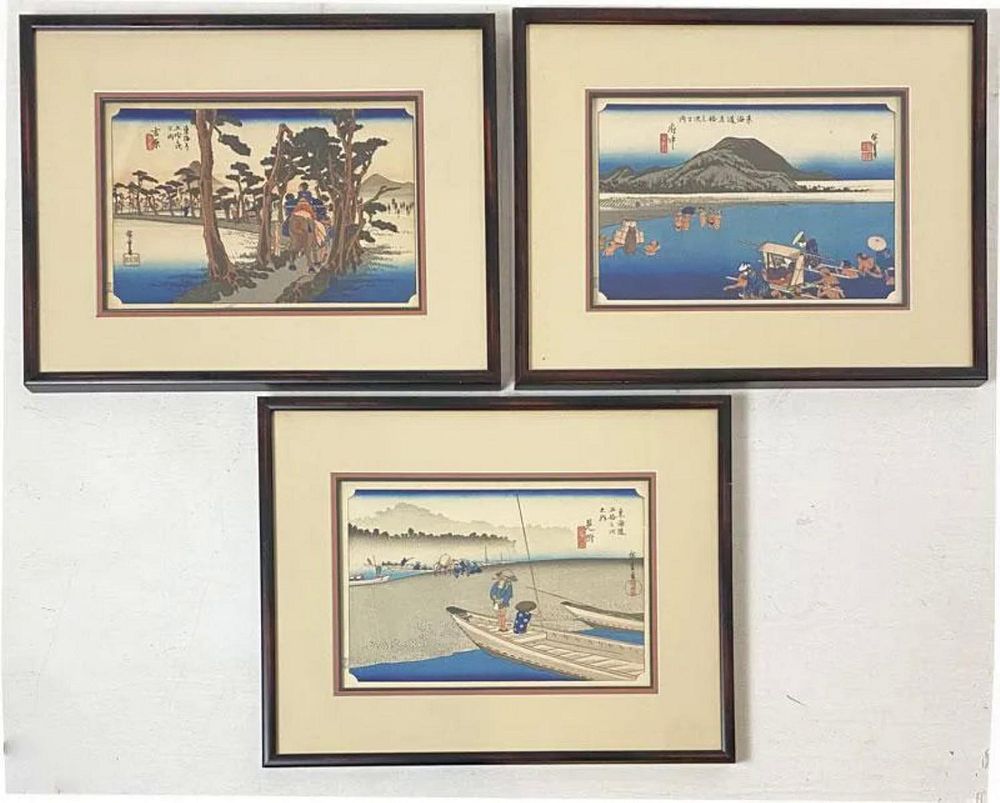 Appraisal: Group Three Framed Japanese Woodblock Prints frames measure x Image