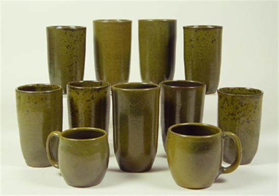 Appraisal: Ben Owen Tumblers Mugs Green frog-skin glaze Tumblers range from