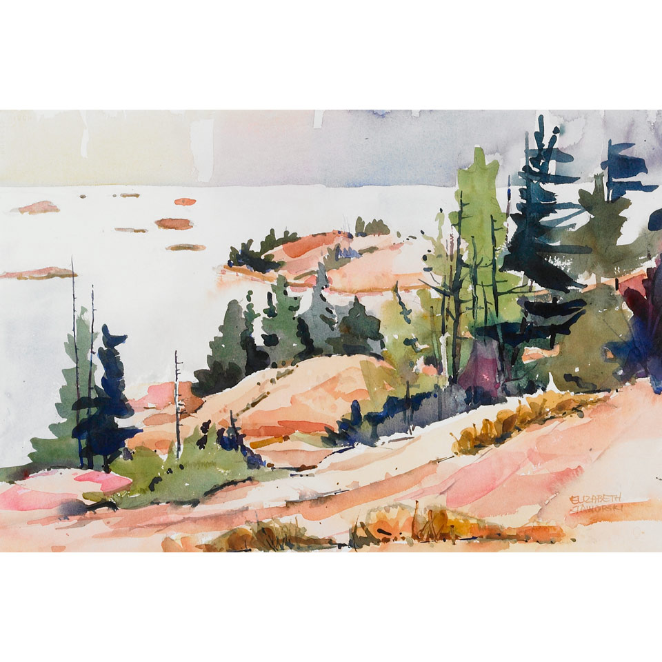 Appraisal: ELIZABETH JAWORSKI SHORELINE LANDSCAPE watercolour signed x cm x cm