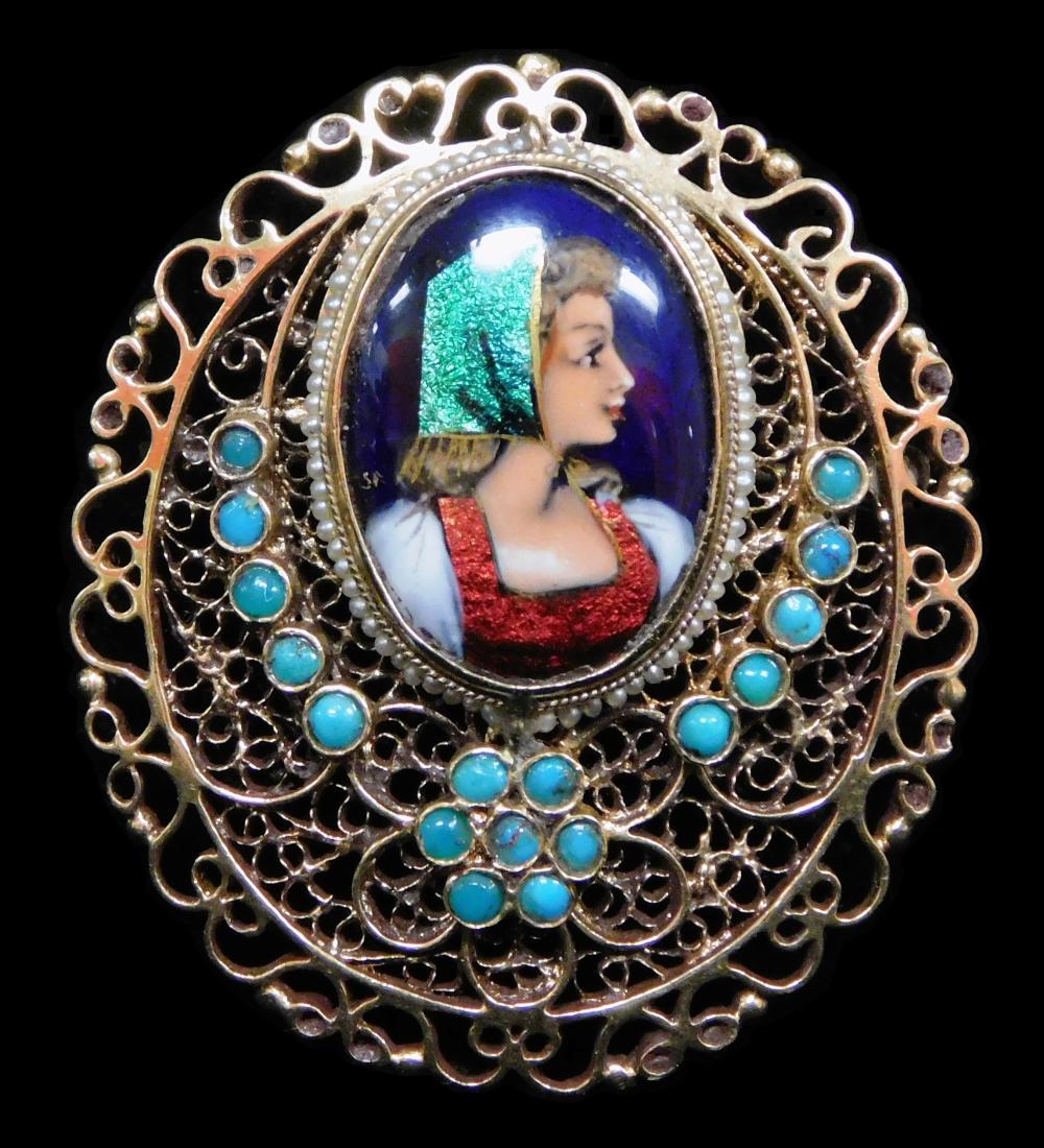 Appraisal: JEWELRY K MINIATURE PAINTED PIN WITH TURQUOISE OVAL FILIGREE PIN