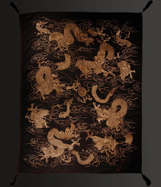 Appraisal: Japanese silk metal thread wall hanging Dragons Japanese silk metal