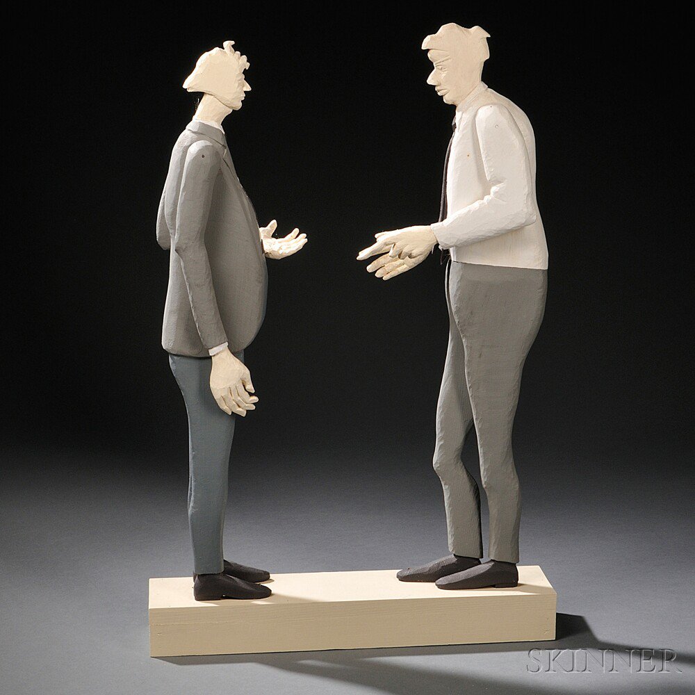 Appraisal: Jessica Straus Talking Business Figural Art the two figures mounted