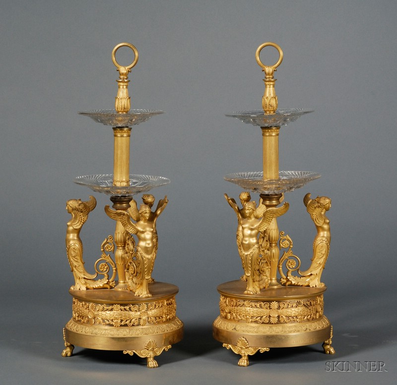 Appraisal: Fine Pair of Empire Gilt-bronze and Colorless Cut Glass Two-tiered