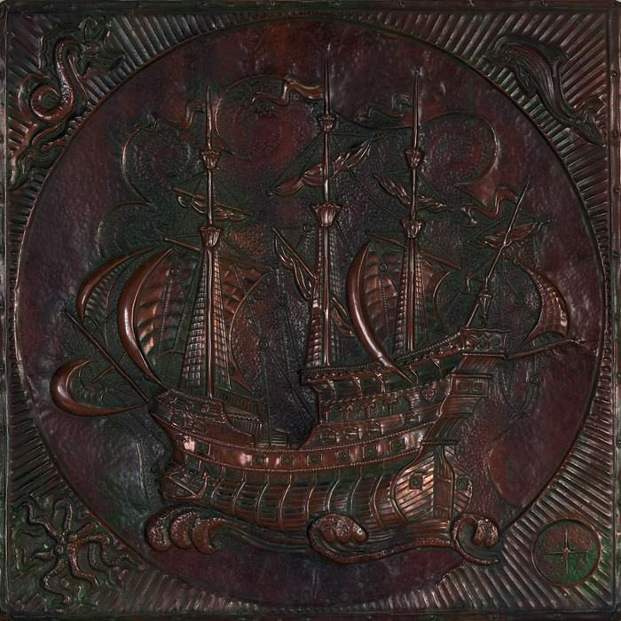 Appraisal: Arts Crafts wall hanging hammered copper with elaborate embossed ship