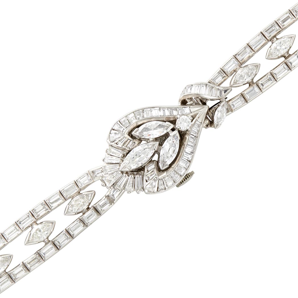 Appraisal: Platinum and Diamond Bracelet-Watch Mechanical marquise-shaped baguette tapered baguette diamonds