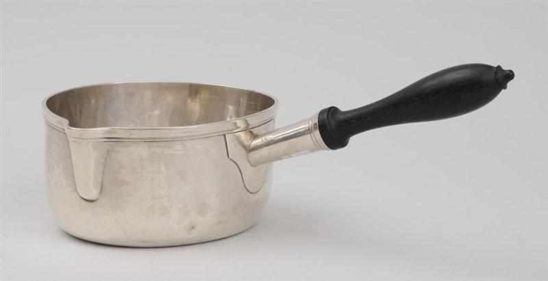 Appraisal: FRENCH WOOD-HANDLED SILVER SAUCE PAN With bracket spout and molded