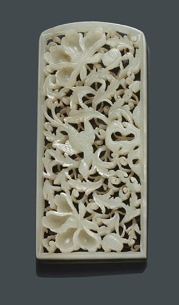 Appraisal: A carved white nephrite belt buckle plaque Ming Dynasty The