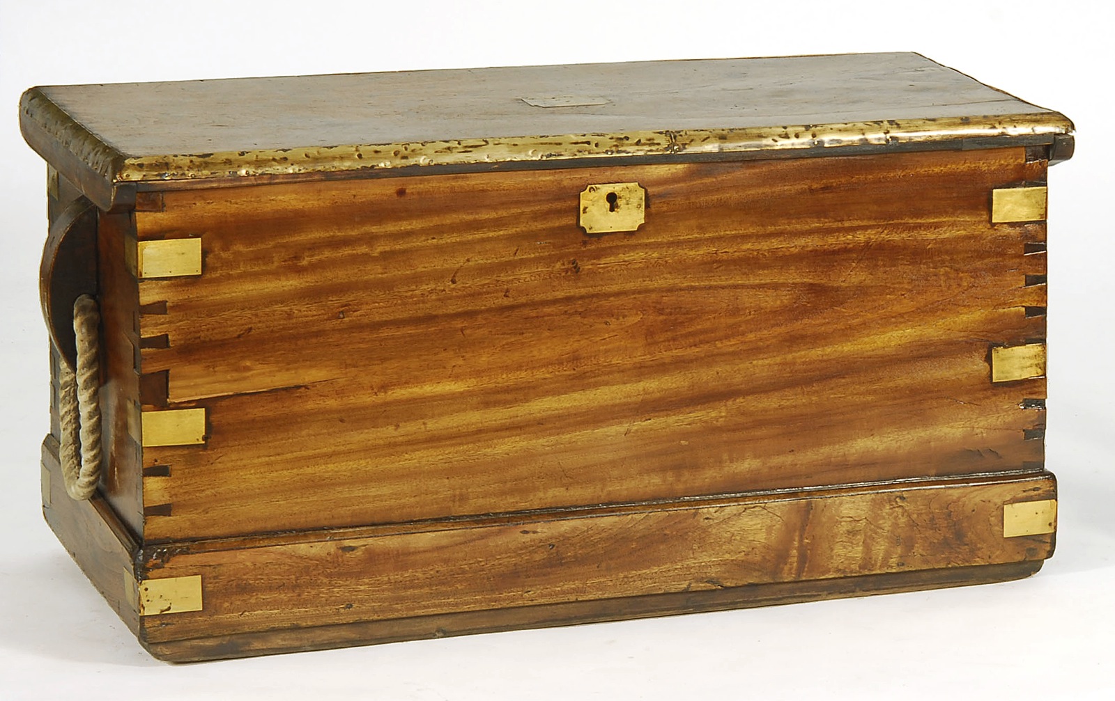 Appraisal: BRASS-BOUND CAMPHOR WOOD LIFT-TOP CHEST th CenturyWith canted sides and