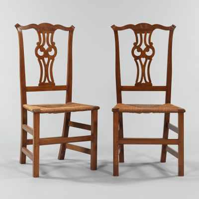 Appraisal: A Pair of Country Chippendale Style Side Chairs With rush