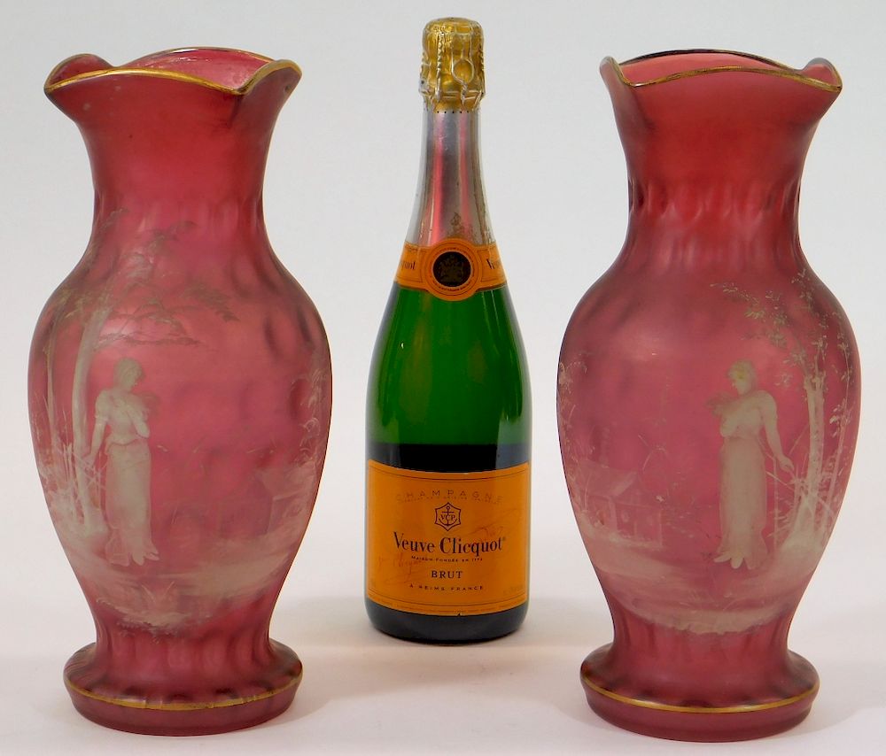 Appraisal: PR Victorian Enameled Cranberry Satin Glass Vases PR Victorian Enameled