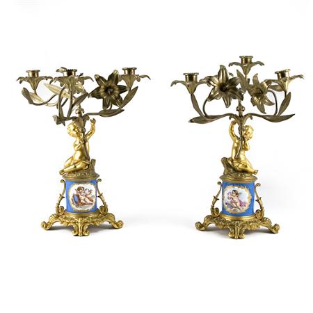 Appraisal: Pair of Sevres Style Porcelain and Gilt-Bronze Three-Light Candelabra Estimate