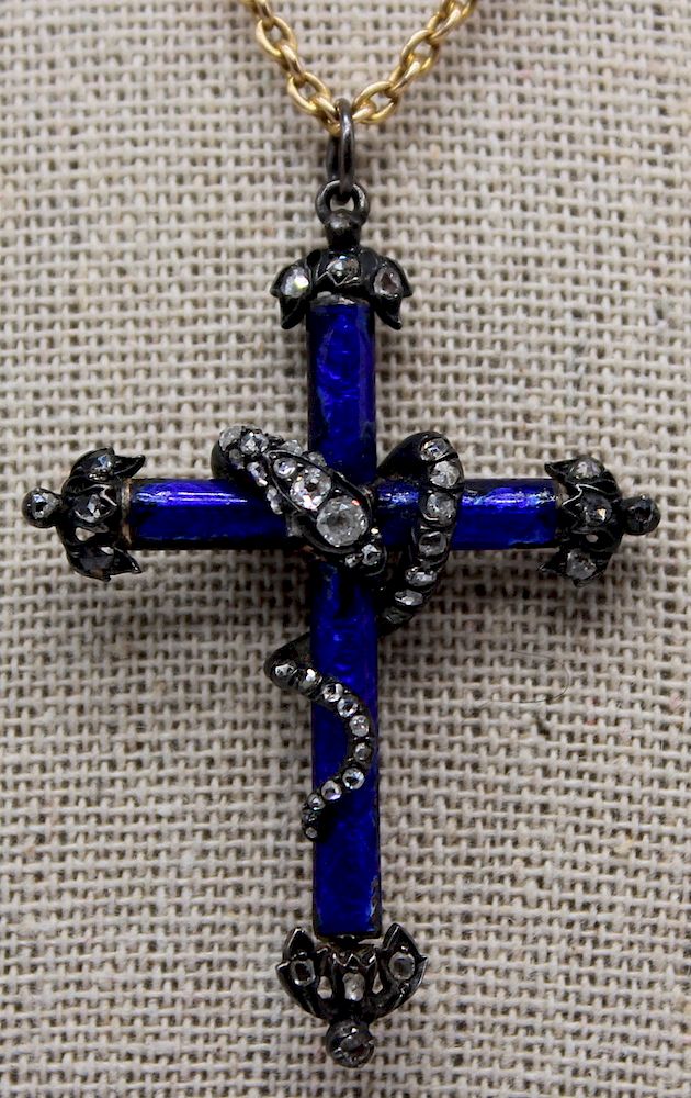 Appraisal: JEWELRY Victorian Blue Enamel and Diamond Snake Cross Pendant Victorian