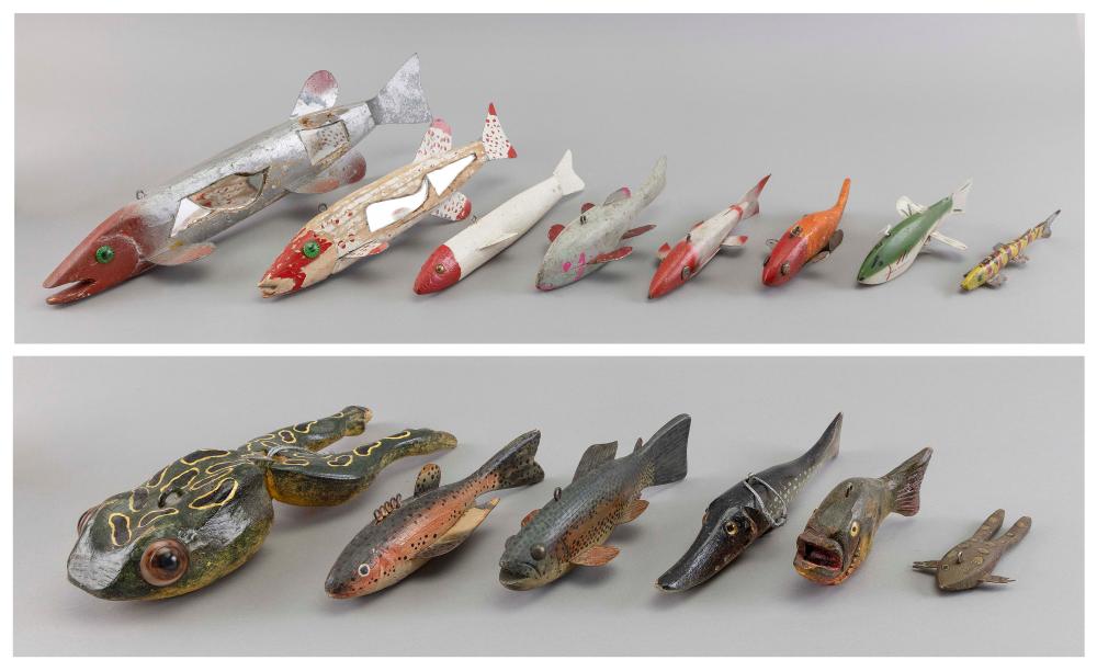 Appraisal: FOURTEEN HAND-CARVED AND PAINTED FISH DECOYS TH CENTURY LENGTHS FROM