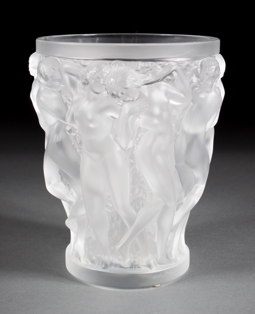 Appraisal: Lalique crystal Bacchantes vase partially frosted vase modeled as female