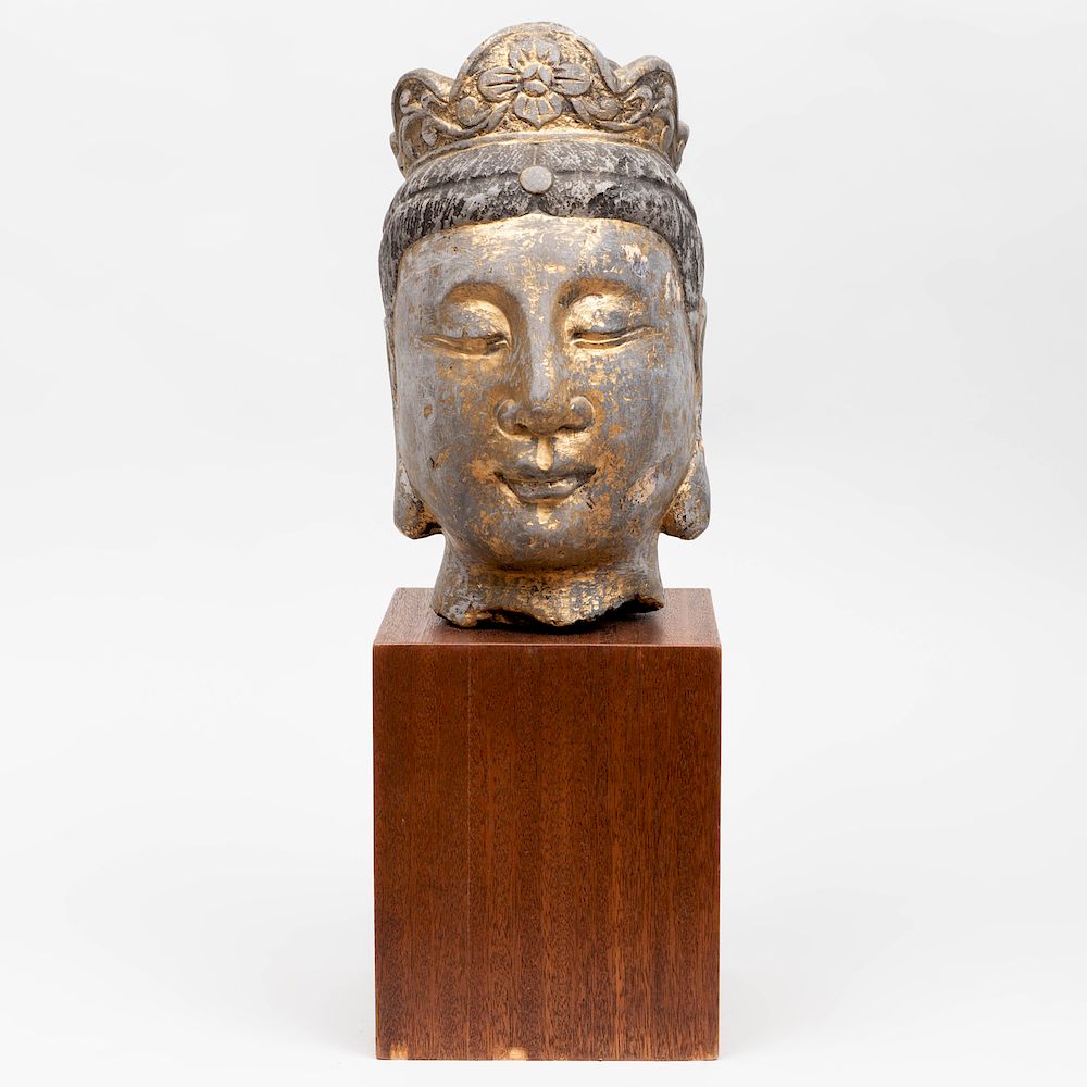 Appraisal: Chinese Polychrome and Parcel-Gilt Stone Head of Guanyin On a