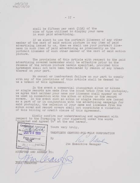 Appraisal: JOAN CRAWFORD Contract signed by Crawford for The Best of