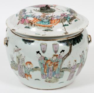 Appraisal: CHINESE PORCELAIN HAND PAINTED COVERED POT H DIA Hand painted