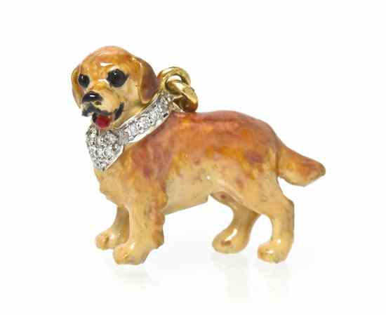 Appraisal: An Karat Yellow Gold Diamond and Polychrome Enamel Retriever Dog