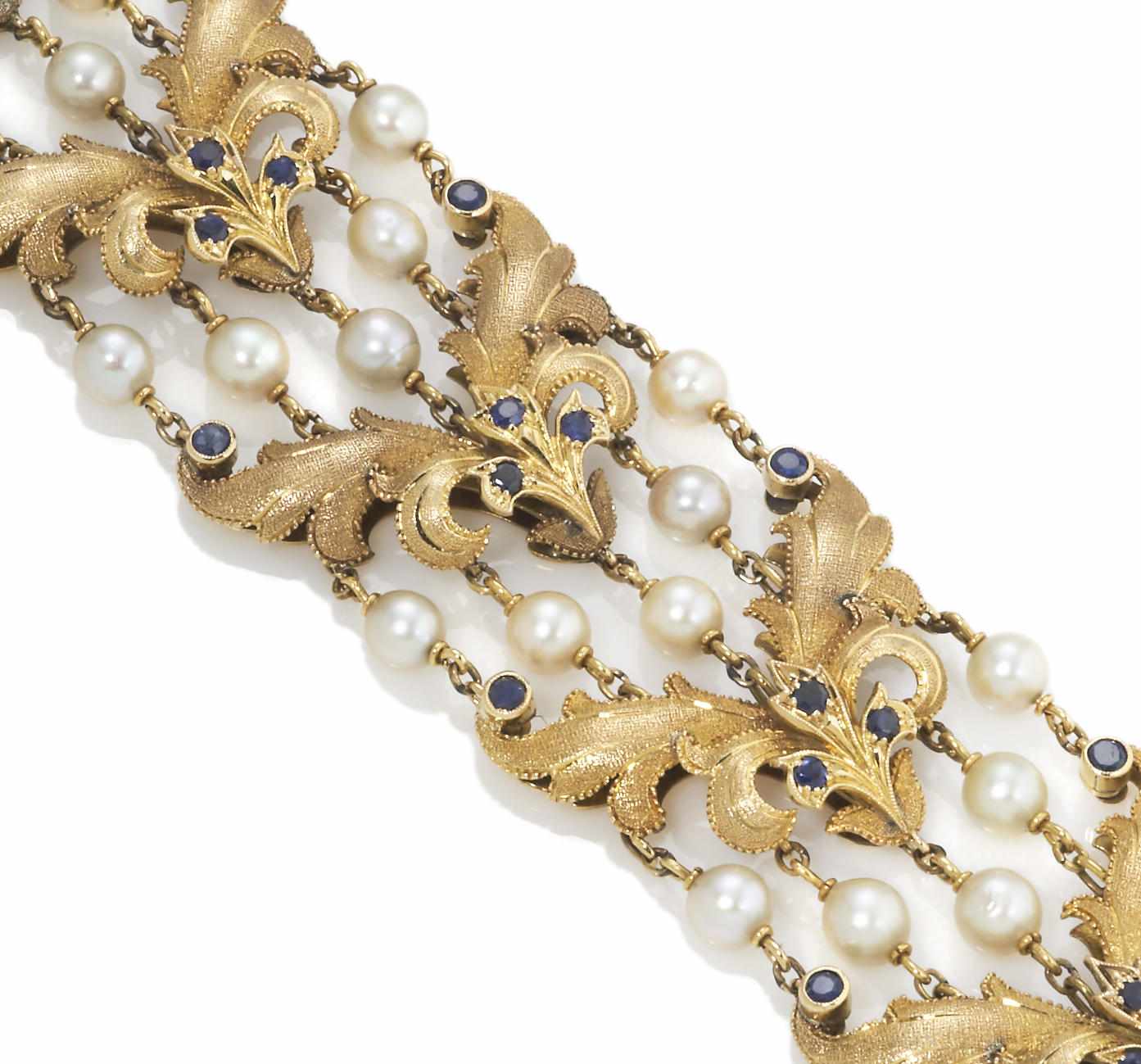 Appraisal: A sapphire and cultured pearl bracelet cultured pearls measuring approximately