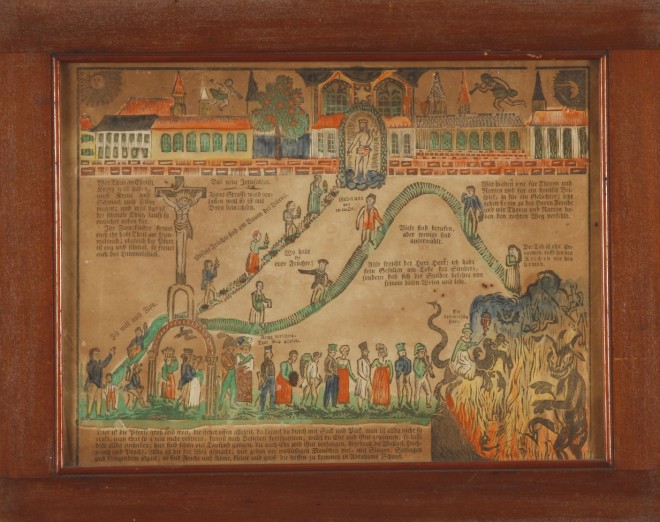 Appraisal: Printed and hand colored taufschein depicting the Path of the