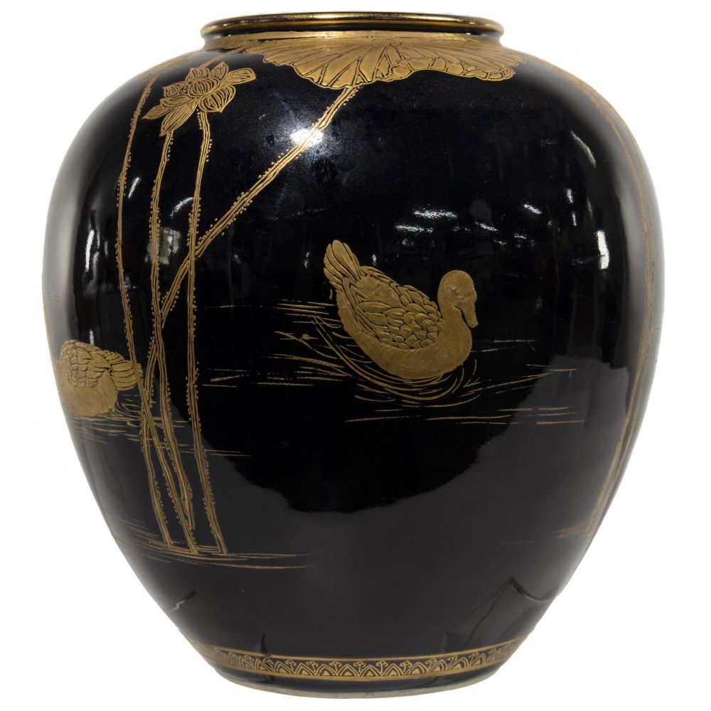 Appraisal: JAPANESE POTTERY VASEHaving cobalt glaze and gilt decoration depicting ducks