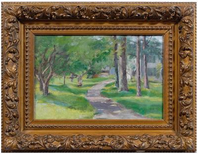 Appraisal: Painting possibly Walter Shirlaw landscape with path through woods to