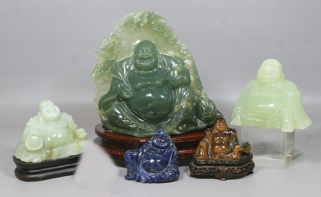 Appraisal: Chinese Carved Stone Buddha hardstone green one tiger's eye lapis