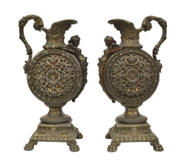 Appraisal: lot of Renaissance Revival style patinated metal ewer-form garnitures attributed