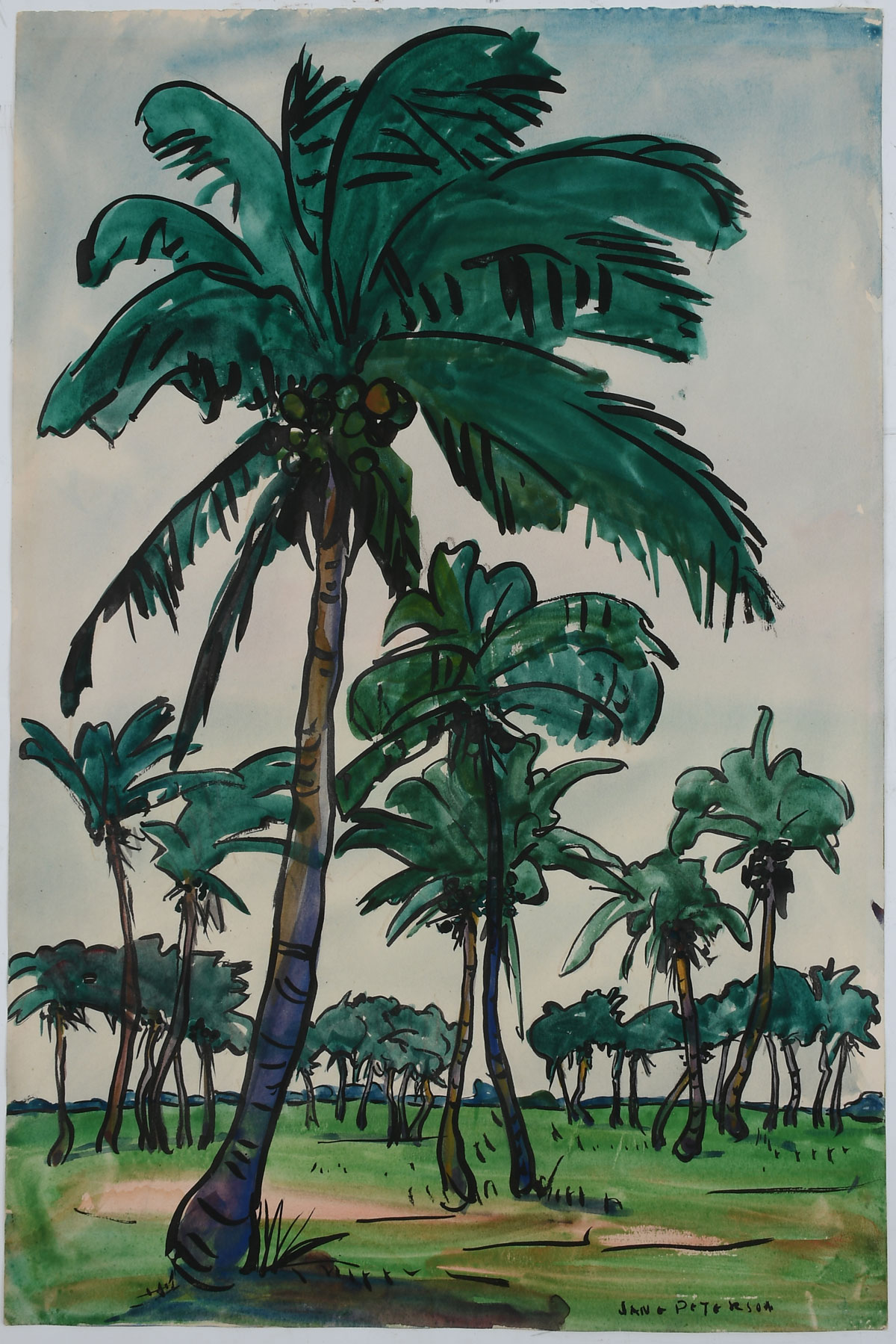 Appraisal: PETERSON Jane American French - Florida Coconut Palms Landscape Watercolor