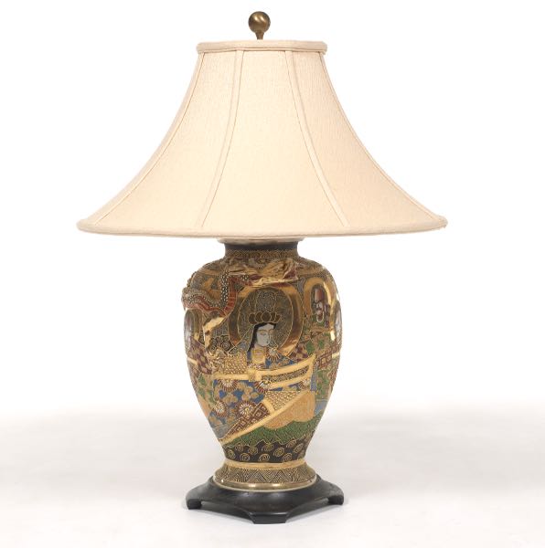 Appraisal: JAPANESE SATSUMA MORIAGE PORCELAIN VASE LAMP WITH SILK LAMP SHADE