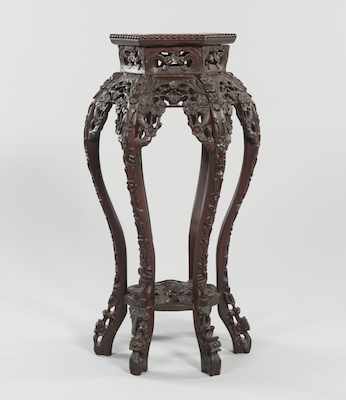 Appraisal: A Chinese Carved Wood Pedestal with Marble Inset Apprx -