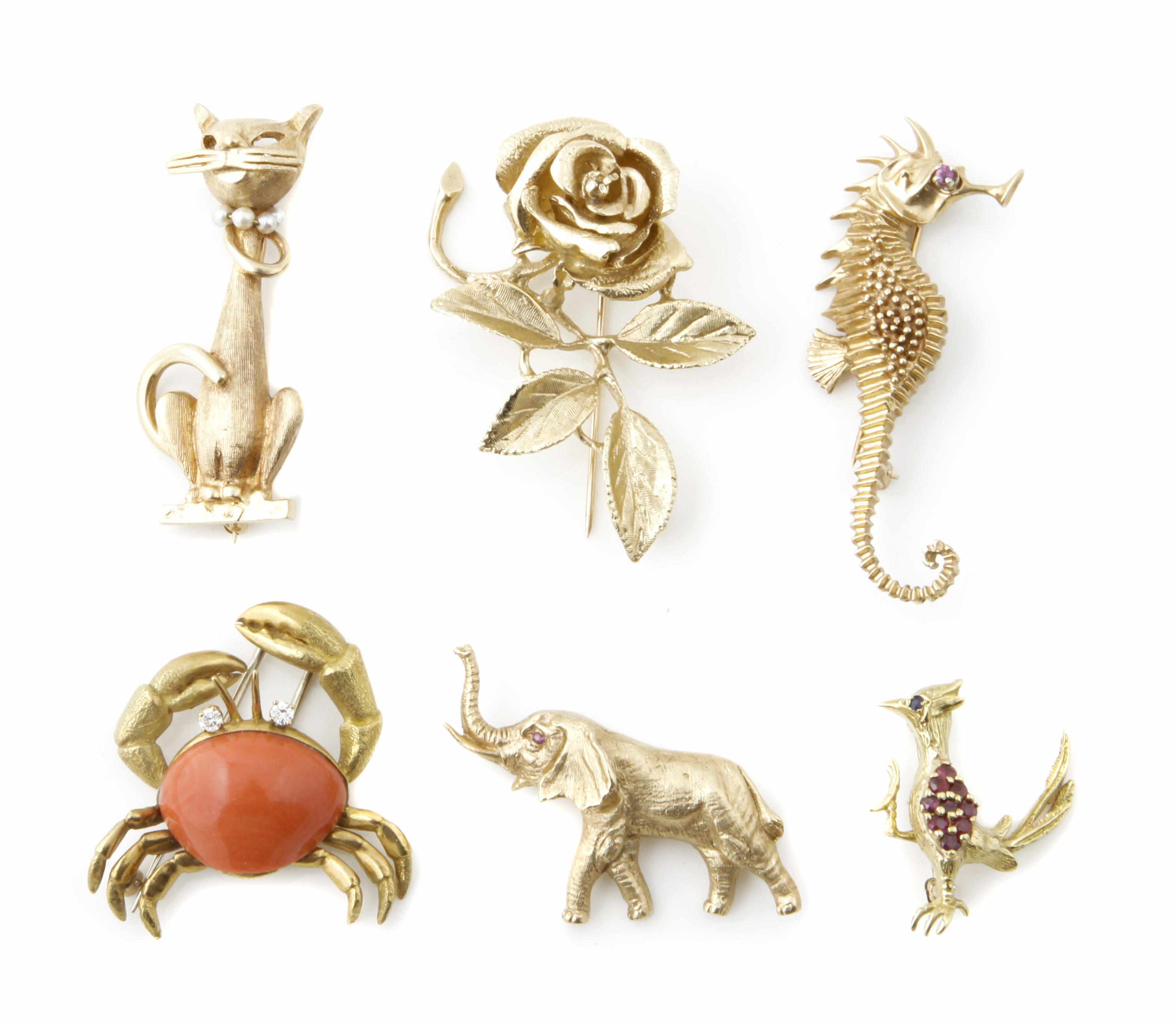 Appraisal: A group of gem-set enamel and gold animal brooches including