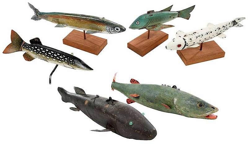 Appraisal: Six Carved and Painted Fish Decoys American th century all