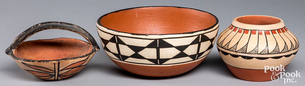 Appraisal: Santo Domingo Indian polychrome pottery basket Santo Domingo Indian polychrome