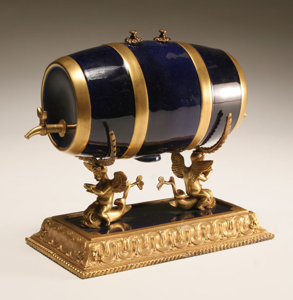 Appraisal: Sevres style cobalt and gilt porcelain barrel stave form cask