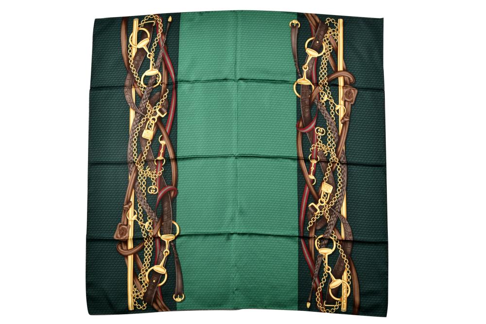 Appraisal: GUCCI SILK SCARFcirca green field with original box and tag