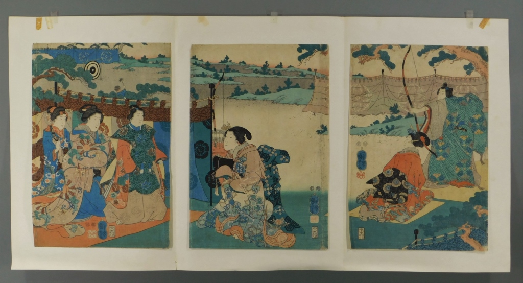 Appraisal: C JAPANESE TRIPTYCH WOODBLOCK GEISHA LANDSCAPE Japan th CenturyPanoramic scene