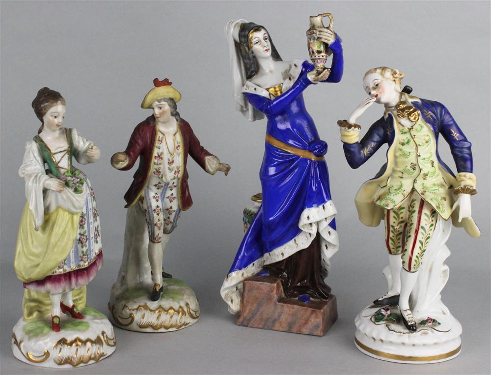 Appraisal: FOUR CONTINENTAL PORCELAIN FIGURES including a girl gardener and companion