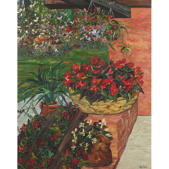 Appraisal: Fay Peck American th century Flowers on Porch c oil