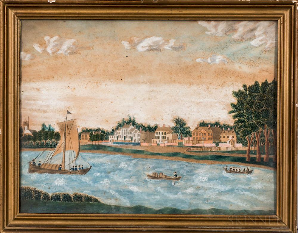 Appraisal: American School Mid- th Century Shore Scene with Large Houses