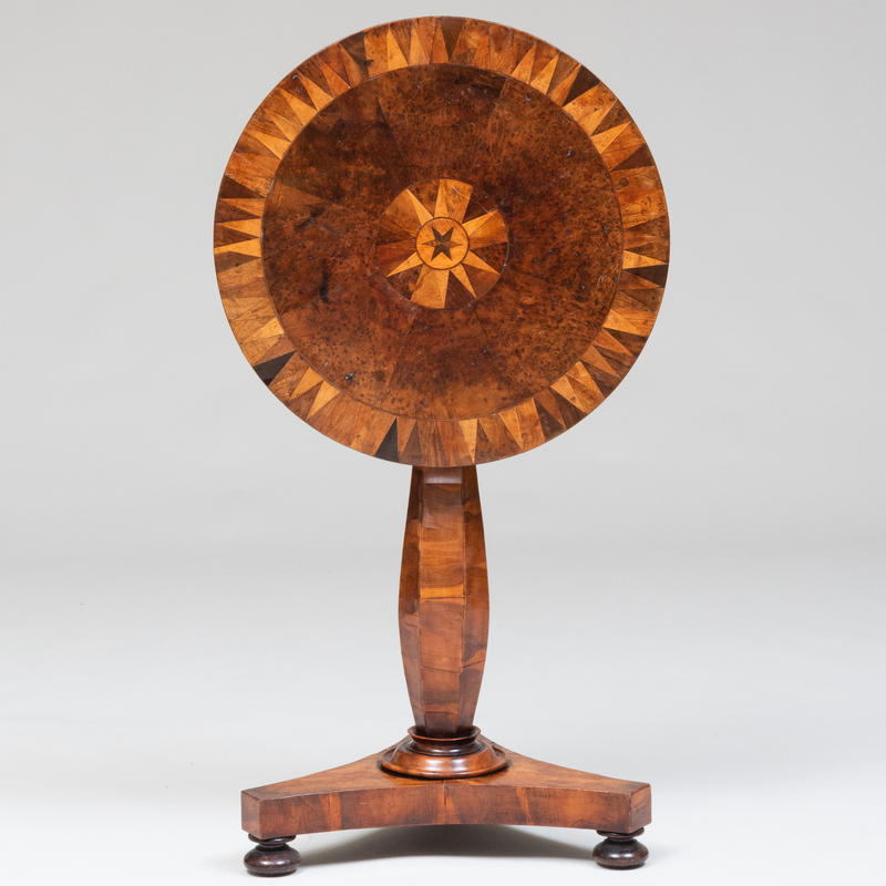 Appraisal: Continental Burl Mulberry and Specimen Wood Tilt-Top Table possibly English