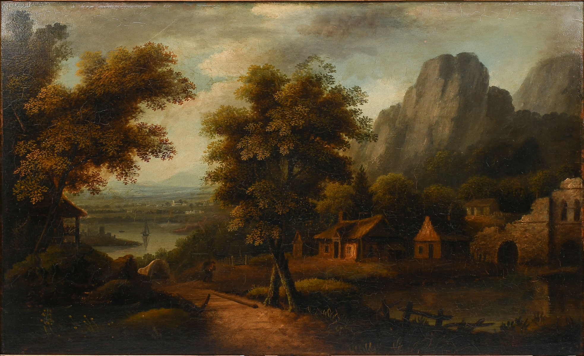 Appraisal: TH CENTURY EUROPEAN PANORAMIC LANDSCAPE PAINTING Scene depicts a traveler