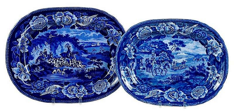 Appraisal: Two Blue Transfer Decorated Hunt Motif Platters British th century