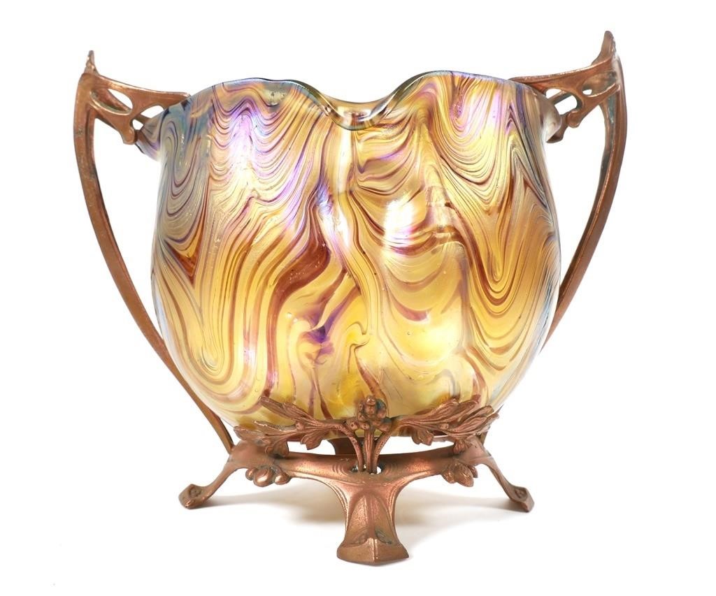 Appraisal: Loetz Bronze Mounted Art Glass Vase iridescent yellow amber glass