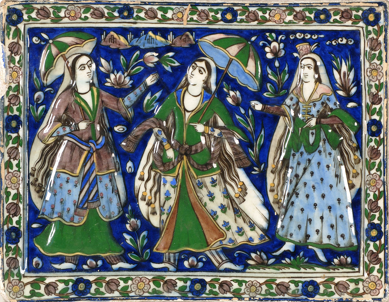 Appraisal: QAJAR TILE th CenturyDepicts three women in an exterior setting