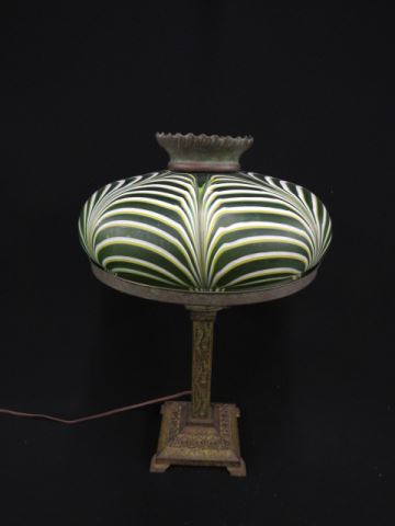 Appraisal: Bradley and Hubbard Art Glass Lamp green satin and drapery