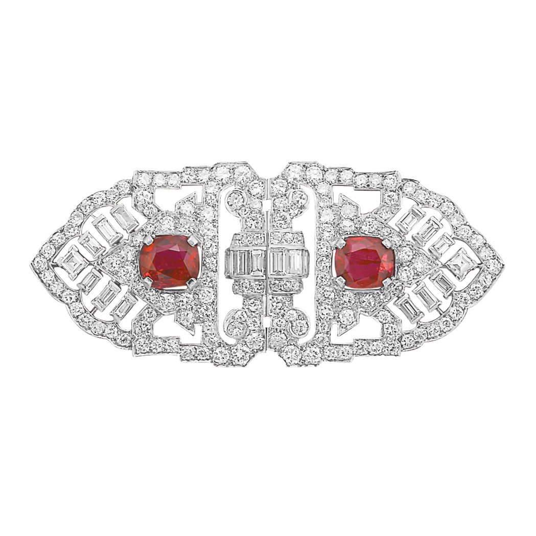 Appraisal: Art Deco Platinum Ruby and Diamond Double Clip-Brooch The modified