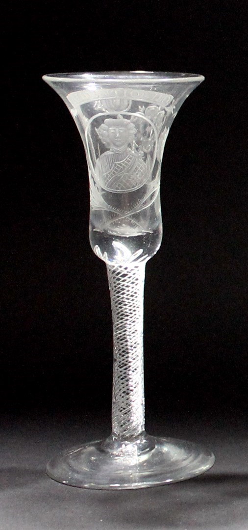 Appraisal: An engraved Jacobite' air twist wineglass circa the bell shaped